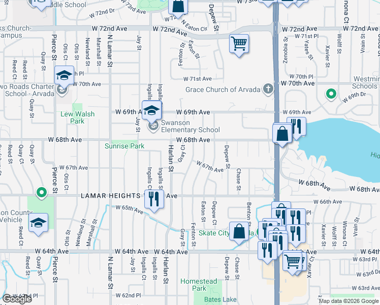 map of restaurants, bars, coffee shops, grocery stores, and more near 6724 Gray Street in Arvada