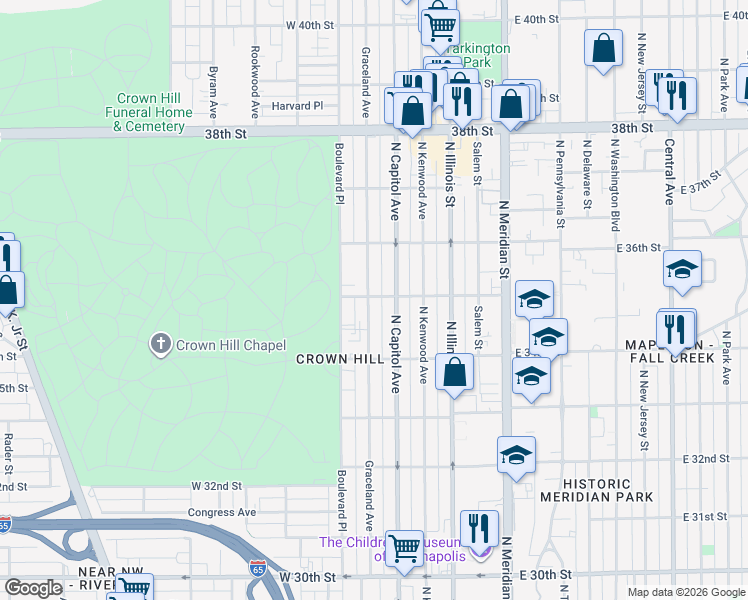 map of restaurants, bars, coffee shops, grocery stores, and more near 3458 Graceland Avenue in Indianapolis