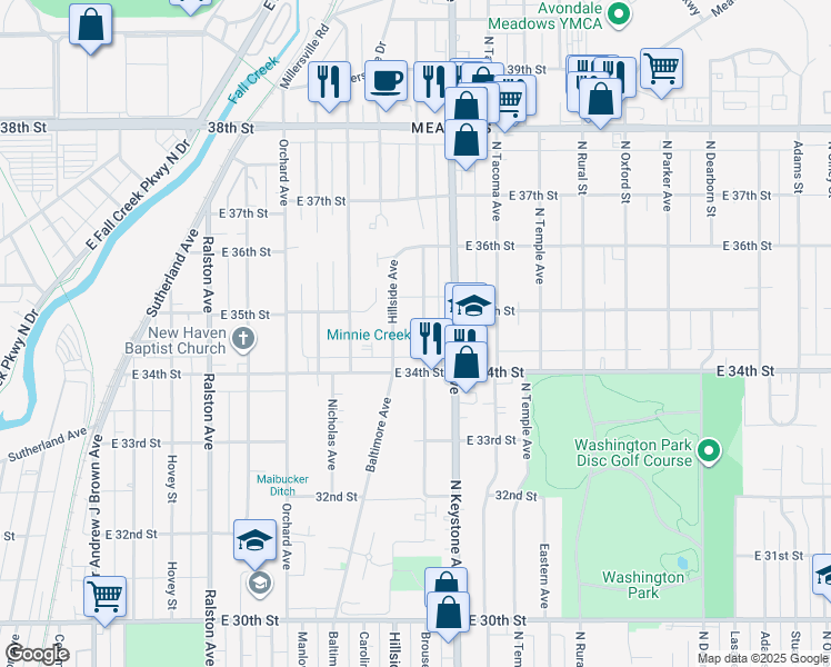map of restaurants, bars, coffee shops, grocery stores, and more near 3421 Brouse Avenue in Indianapolis