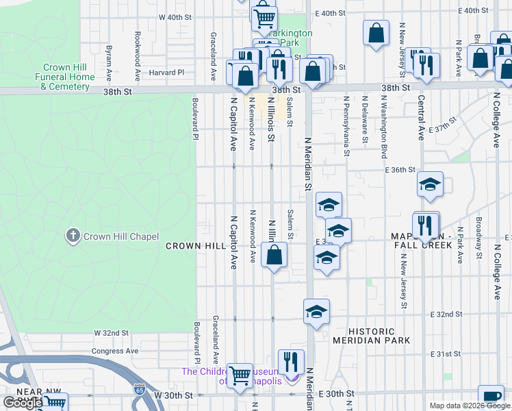 map of restaurants, bars, coffee shops, grocery stores, and more near 3463 North Kenwood Avenue in Indianapolis