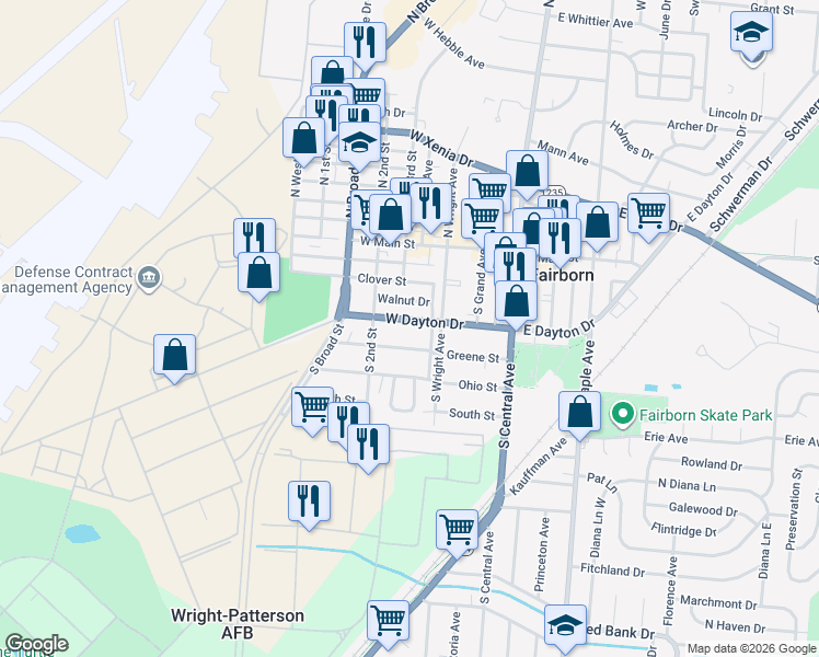 map of restaurants, bars, coffee shops, grocery stores, and more near 311 Greene Street in Fairborn