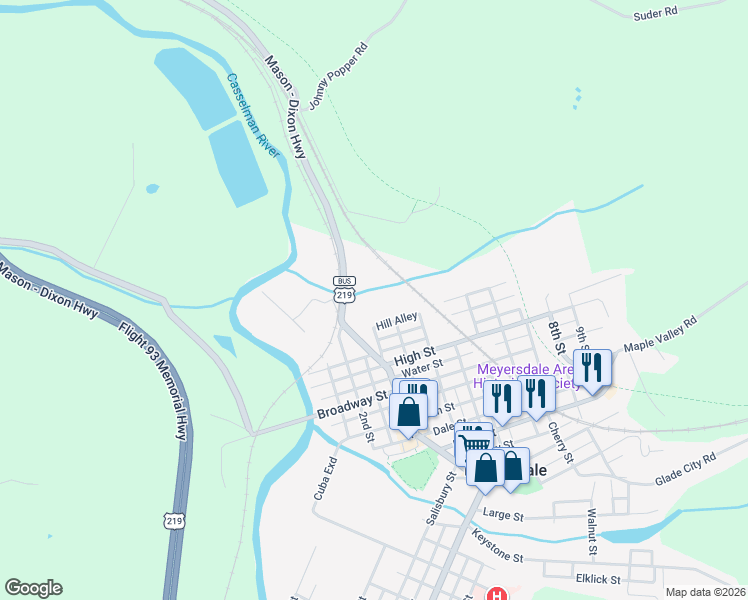 map of restaurants, bars, coffee shops, grocery stores, and more near 4517 Mason Dixon Highway in Meyersdale