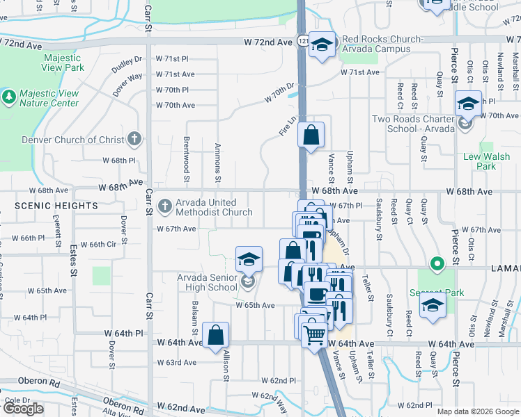 map of restaurants, bars, coffee shops, grocery stores, and more near 6725 Yarrow Street in Arvada
