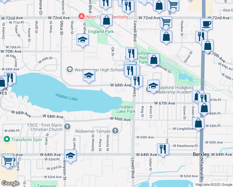 map of restaurants, bars, coffee shops, grocery stores, and more near 6753 Meade Circle in Westminster