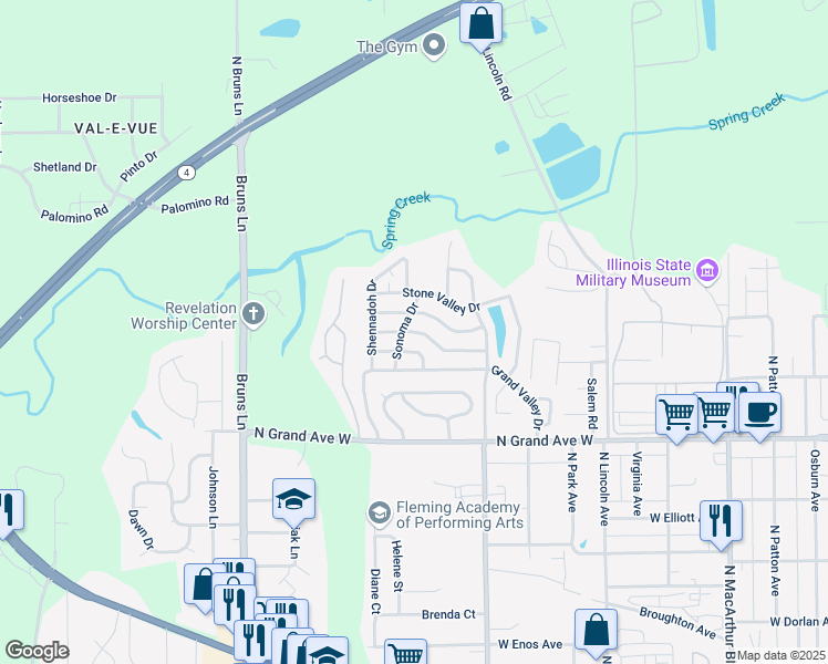 map of restaurants, bars, coffee shops, grocery stores, and more near 18 Imperial Valley Drive in Springfield
