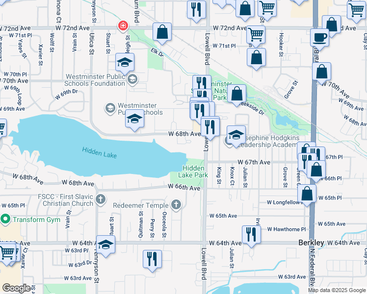 map of restaurants, bars, coffee shops, grocery stores, and more near 6743 Meade Circle in Westminster