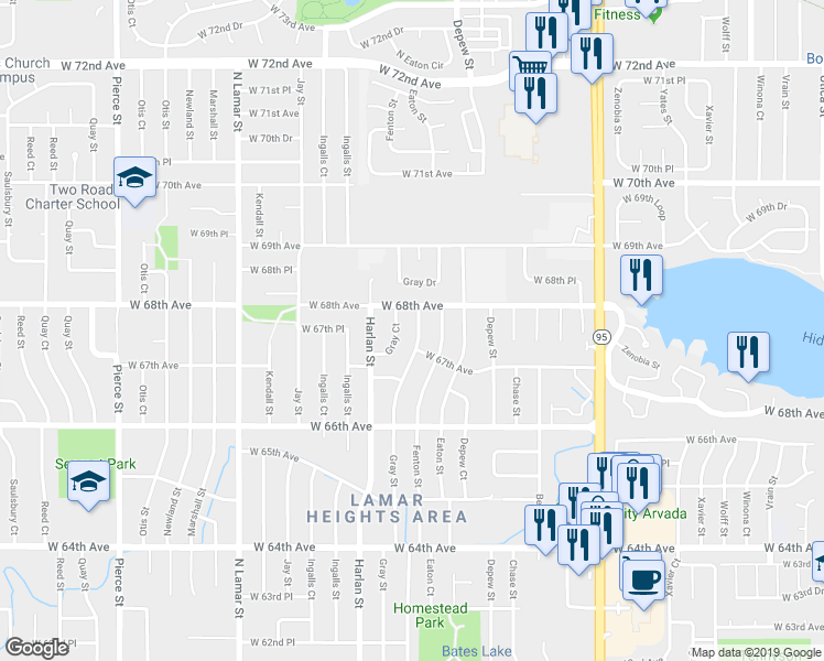 map of restaurants, bars, coffee shops, grocery stores, and more near 6724 Gray Street in Arvada