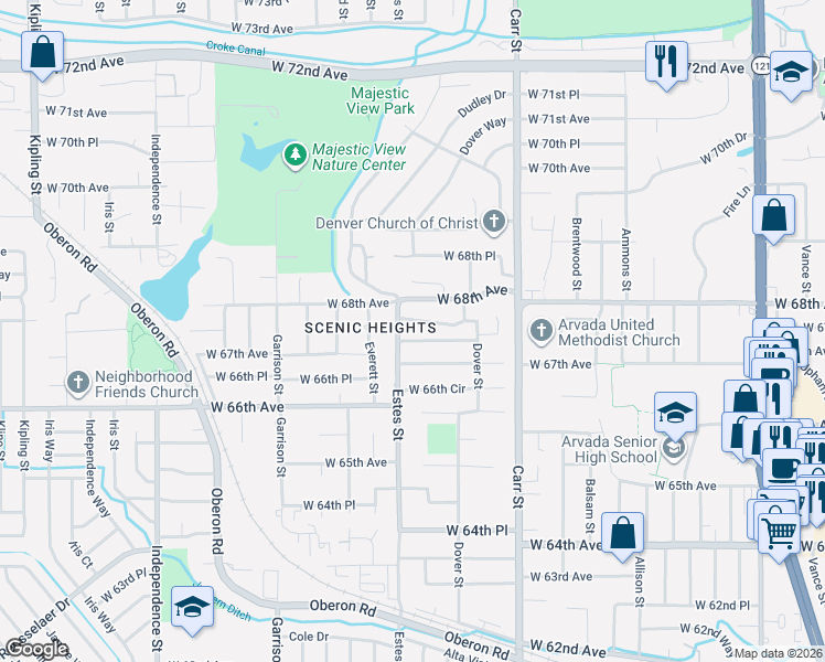 map of restaurants, bars, coffee shops, grocery stores, and more near 8735 West 67th Place in Arvada