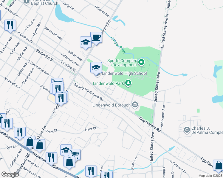 map of restaurants, bars, coffee shops, grocery stores, and more near 61 Colonial Square Place in Lindenwold
