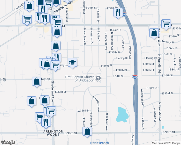 map of restaurants, bars, coffee shops, grocery stores, and more near 7333 East 34th Place in Indianapolis
