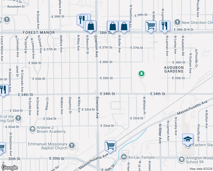 map of restaurants, bars, coffee shops, grocery stores, and more near 3414 North Leland Avenue in Indianapolis