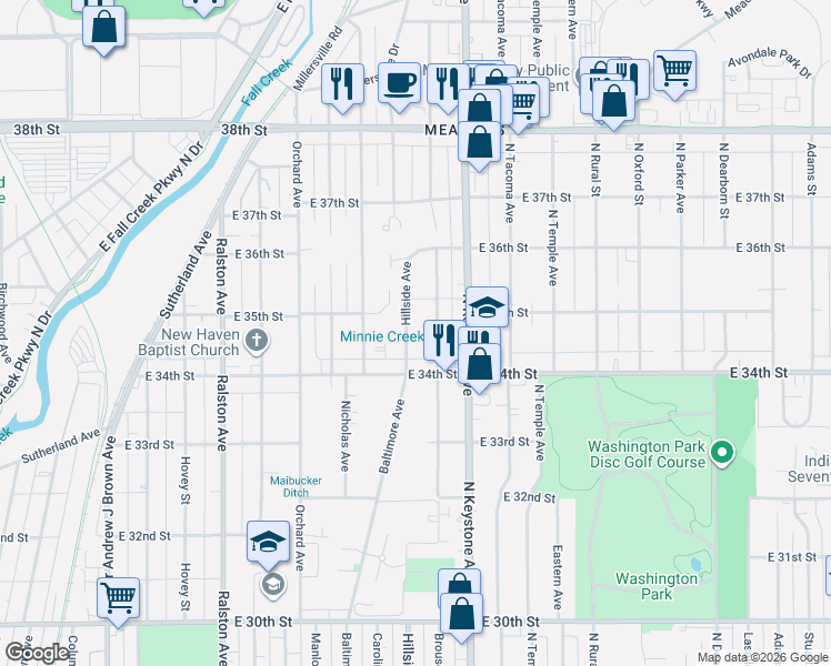 map of restaurants, bars, coffee shops, grocery stores, and more near 3421 Hillside Avenue in Indianapolis