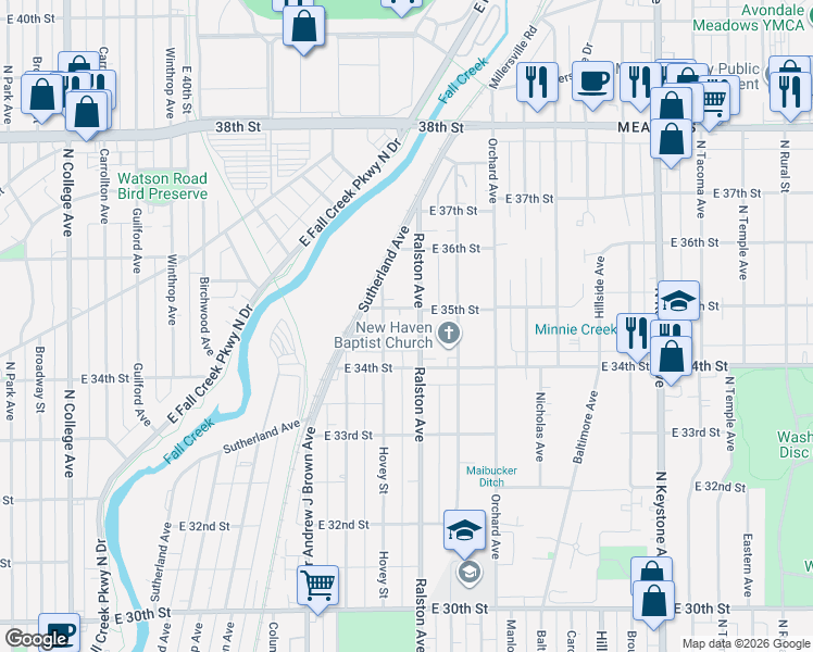map of restaurants, bars, coffee shops, grocery stores, and more near 3432 Ralston Avenue in Indianapolis
