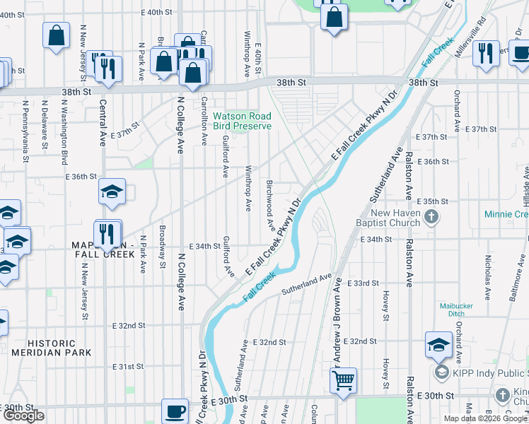 map of restaurants, bars, coffee shops, grocery stores, and more near 3445 Winthrop Avenue in Indianapolis