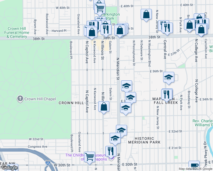 map of restaurants, bars, coffee shops, grocery stores, and more near 39 West 35th Street in Indianapolis