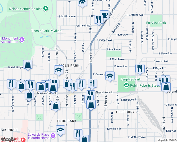 map of restaurants, bars, coffee shops, grocery stores, and more near in Springfield