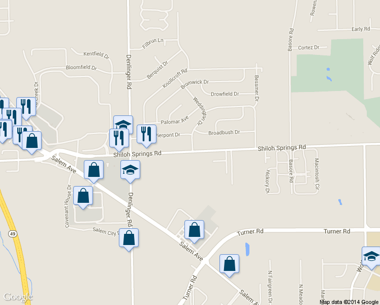 map of restaurants, bars, coffee shops, grocery stores, and more near 1730 Shiloh Springs Road in Dayton