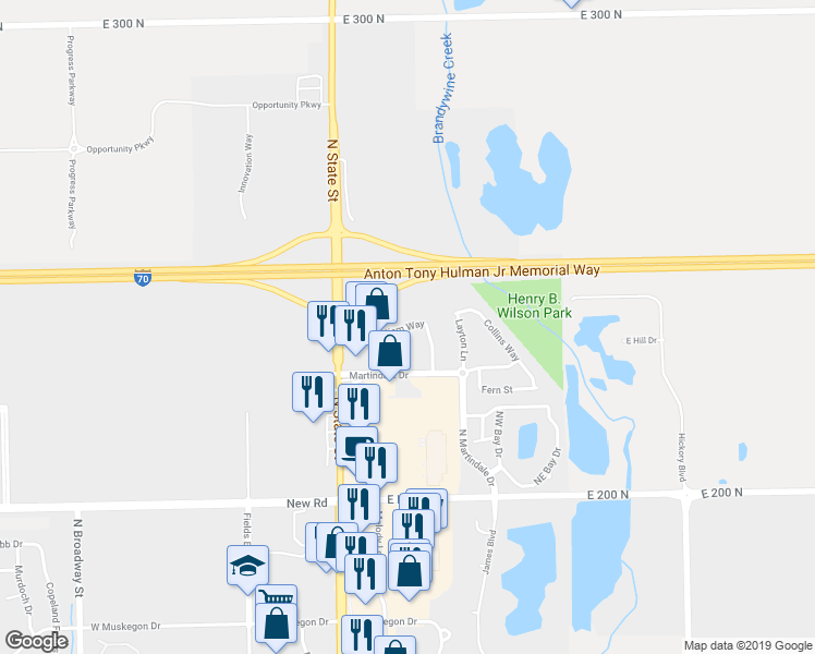 map of restaurants, bars, coffee shops, grocery stores, and more near 202 Barrett Drive in Greenfield