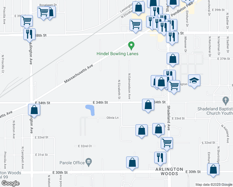 map of restaurants, bars, coffee shops, grocery stores, and more near 3420 East Elizabeth Street in Indianapolis