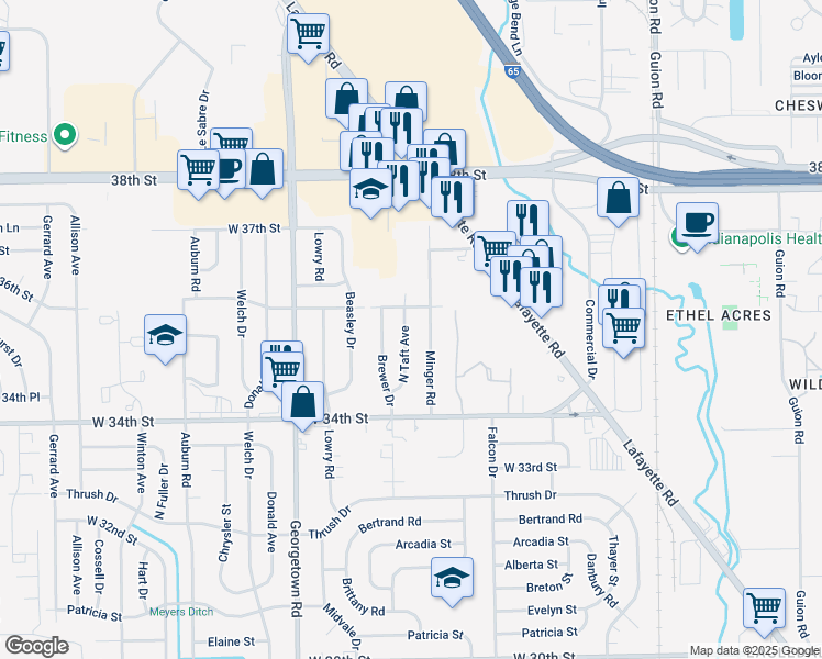 map of restaurants, bars, coffee shops, grocery stores, and more near 3533 North Taft Avenue in Indianapolis