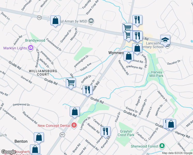 map of restaurants, bars, coffee shops, grocery stores, and more near 2120 Foulk Road in Wilmington