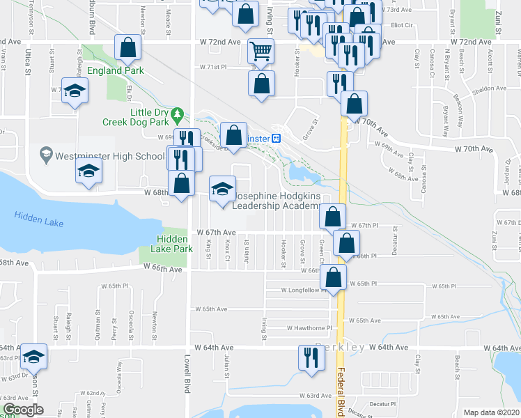 map of restaurants, bars, coffee shops, grocery stores, and more near 6755 Irving Street in Denver