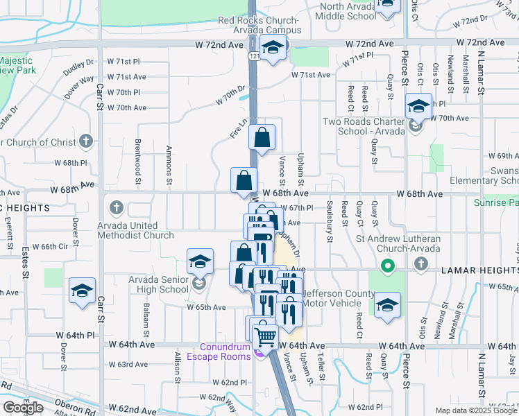 map of restaurants, bars, coffee shops, grocery stores, and more near 104 Webster Street in Arvada