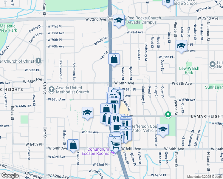 map of restaurants, bars, coffee shops, grocery stores, and more near 104 Webster Street in Arvada