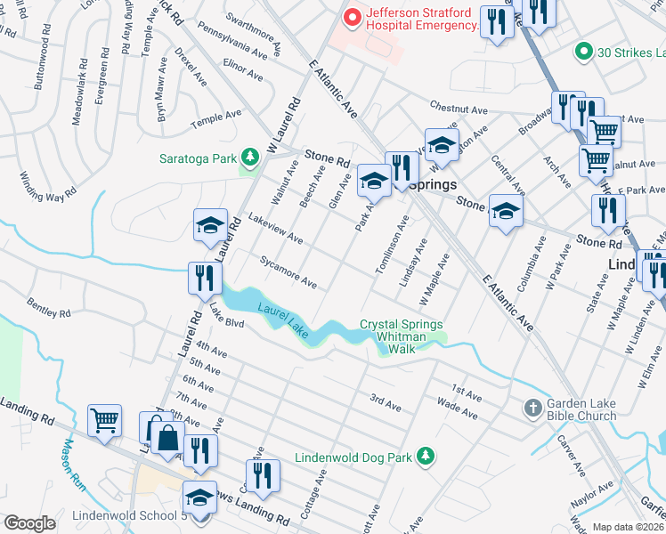 map of restaurants, bars, coffee shops, grocery stores, and more near 615 Park Avenue in Laurel Springs