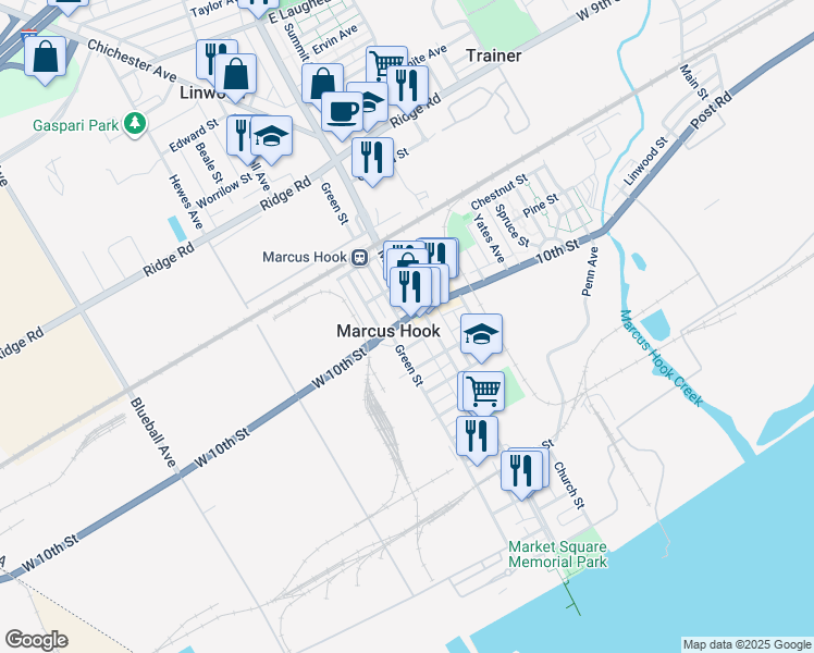 map of restaurants, bars, coffee shops, grocery stores, and more near in Marcus Hook