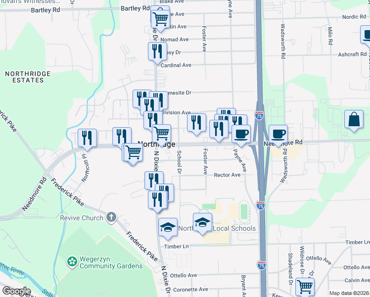 map of restaurants, bars, coffee shops, grocery stores, and more near 2041 Titus Avenue in Dayton