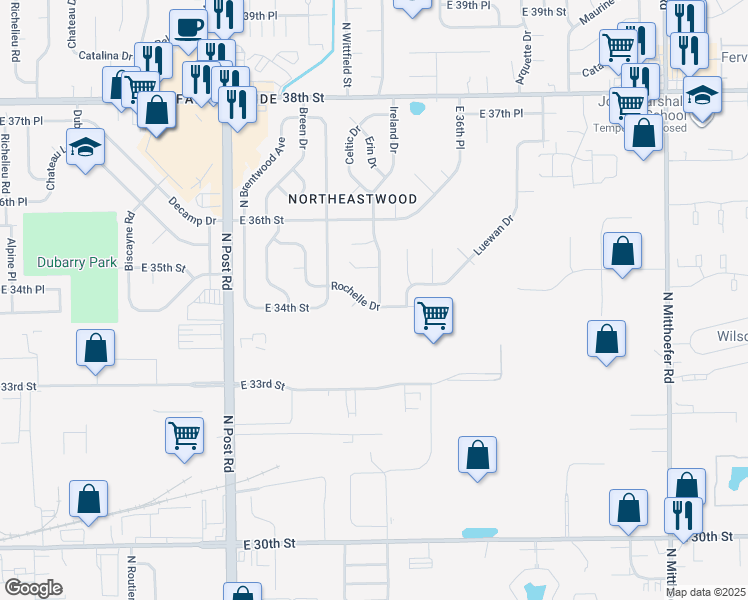 map of restaurants, bars, coffee shops, grocery stores, and more near 9250 Rochelle Drive in Indianapolis