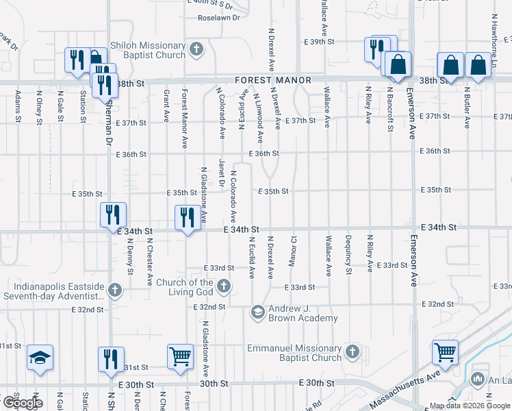 map of restaurants, bars, coffee shops, grocery stores, and more near 3420 North Euclid Avenue in Indianapolis