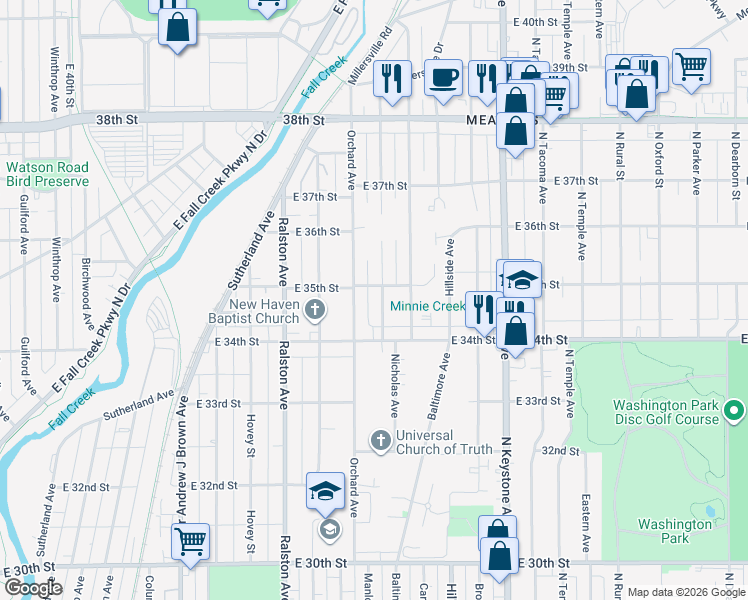 map of restaurants, bars, coffee shops, grocery stores, and more near 3428 Kinnear Avenue in Indianapolis