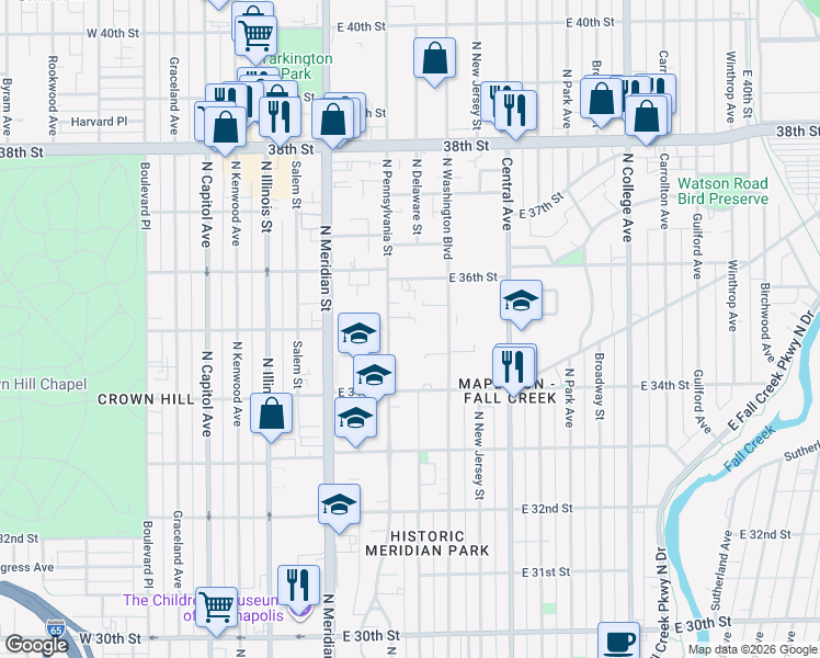map of restaurants, bars, coffee shops, grocery stores, and more near 3445 North Pennsylvania Street in Indianapolis