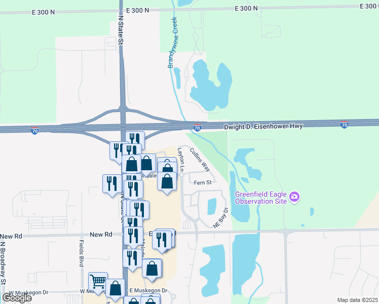 map of restaurants, bars, coffee shops, grocery stores, and more near 2382 Collins Way in Greenfield