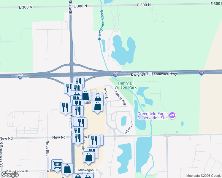 map of restaurants, bars, coffee shops, grocery stores, and more near 2382 Collins Way in Greenfield