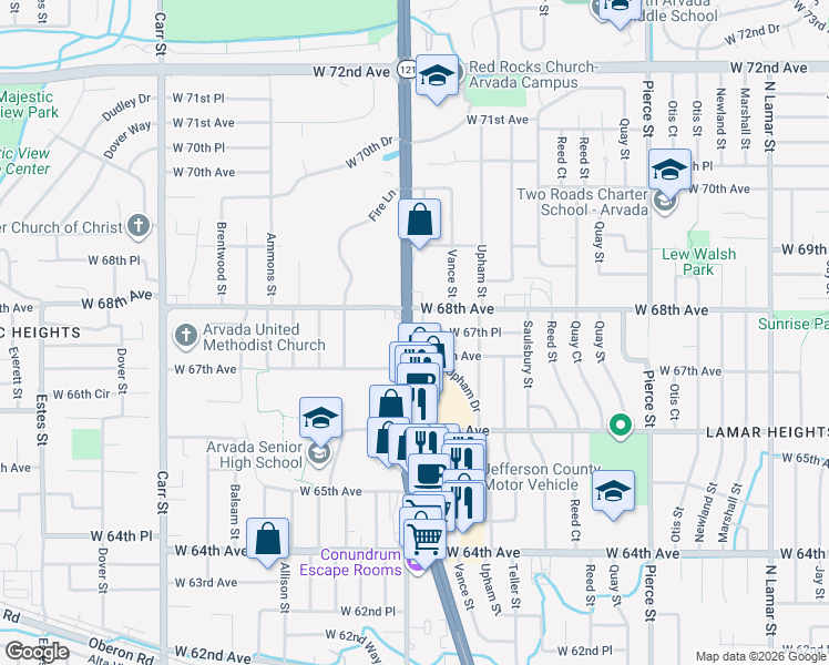 map of restaurants, bars, coffee shops, grocery stores, and more near 6750 Wadsworth Boulevard in Arvada