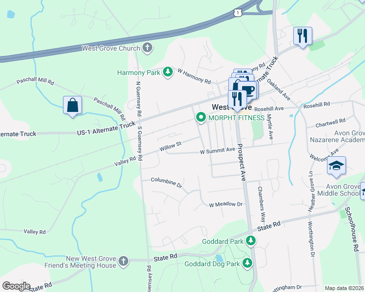 map of restaurants, bars, coffee shops, grocery stores, and more near 227 West Summit Avenue in West Grove