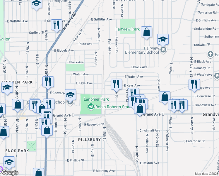 map of restaurants, bars, coffee shops, grocery stores, and more near 1501-1599 E Converse St in Springfield