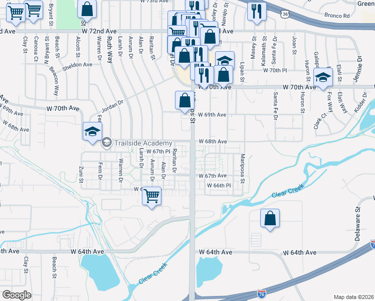 map of restaurants, bars, coffee shops, grocery stores, and more near 1578 West 67th Place in Denver