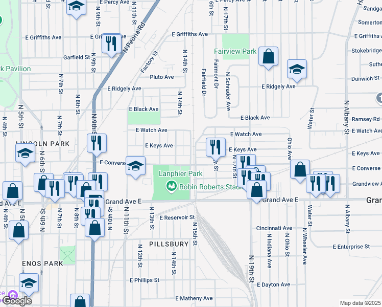 map of restaurants, bars, coffee shops, grocery stores, and more near 1417 East Converse Street in Springfield