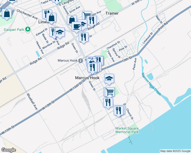 map of restaurants, bars, coffee shops, grocery stores, and more near 9 Marshall Avenue in Marcus Hook