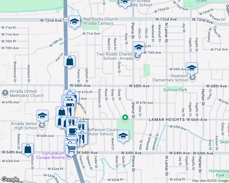 map of restaurants, bars, coffee shops, grocery stores, and more near 6741 Quay Court in Arvada