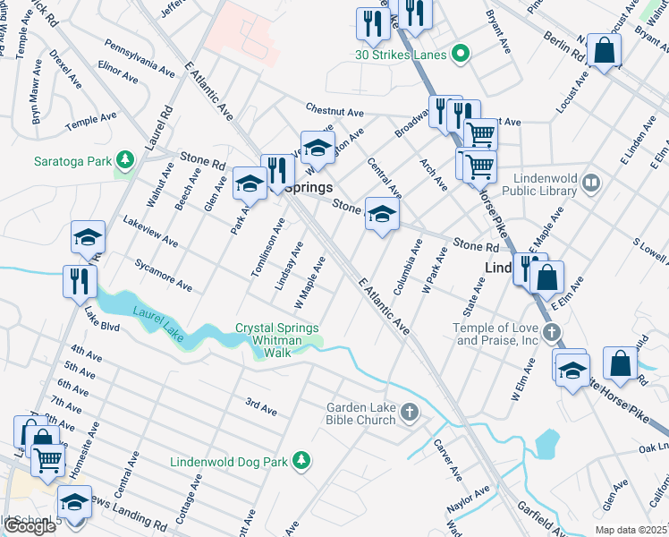 map of restaurants, bars, coffee shops, grocery stores, and more near 511 West Atlantic Avenue in Laurel Springs