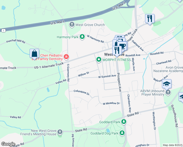 map of restaurants, bars, coffee shops, grocery stores, and more near 222 Willow Street in West Grove