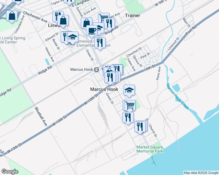 map of restaurants, bars, coffee shops, grocery stores, and more near 9 West 10th Street in Marcus Hook