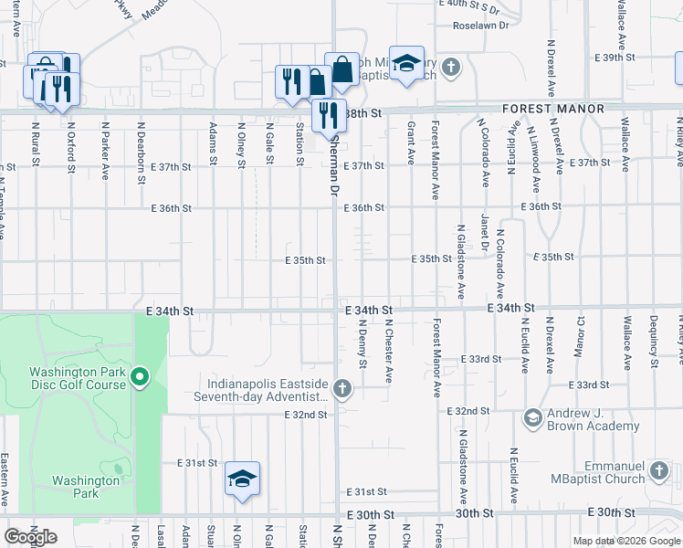 map of restaurants, bars, coffee shops, grocery stores, and more near 3426 North Sherman Drive in Indianapolis