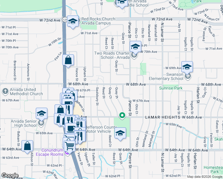 map of restaurants, bars, coffee shops, grocery stores, and more near 6741 Quay Court in Arvada