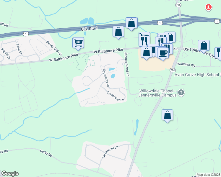 map of restaurants, bars, coffee shops, grocery stores, and more near 301-4499 Greenbriar Lane in West Grove